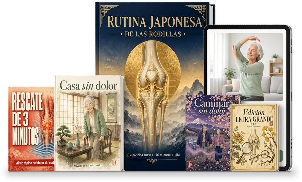 Todo lo que recibes: el libro Rutina Japonesa de las Rodillas y cuatro regalos.