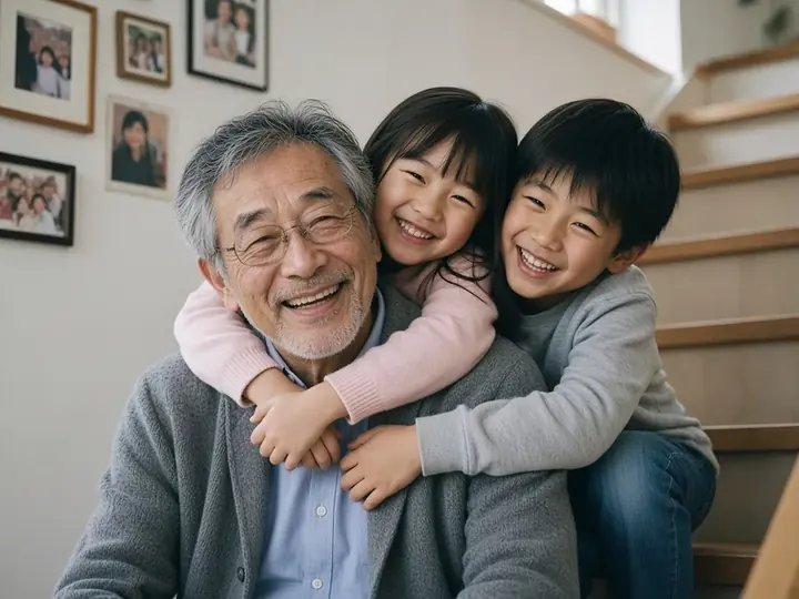 Un abuelo abraza a sus dos nietos en la escalera de su casa
