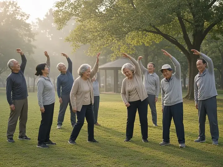 Un grupo de personas mayores hace ejercicio suave en un parque, por la mañana